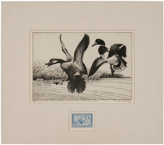 J.N. “Ding” Darling's design for the first federal duck stamp in 1934 is especially significant to conservation. After he had guided the funding for the Migratory Bird Hunting Stamp Act through Congress, Darling sketched his concept of a suitable image for the first federal duck stamp. That image, matted and framed with a 1934 duck stamp, is estimated at $1,500/$2,500. Image courtesy Brunk Auctions.